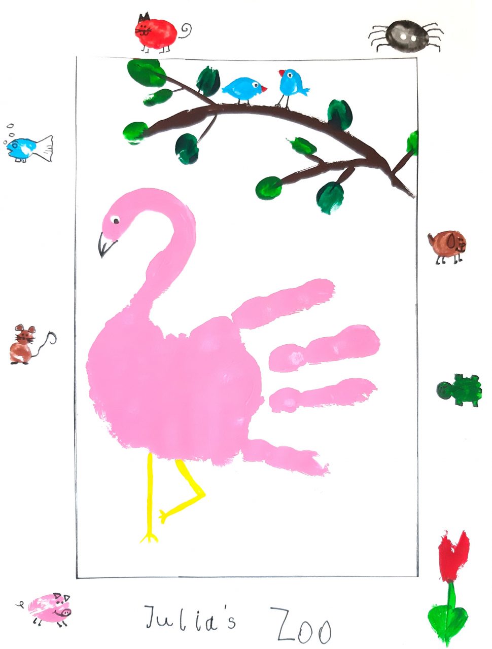 Hallo, hier ist Julia. Ich bin 6 Jahre alt. Das soll mein Zoo sein. Ein Flamingo, Schwein, Maus, Fisch, Katze, Spinne, Hund, Schildkröte, Vögel und eine Tulpe.