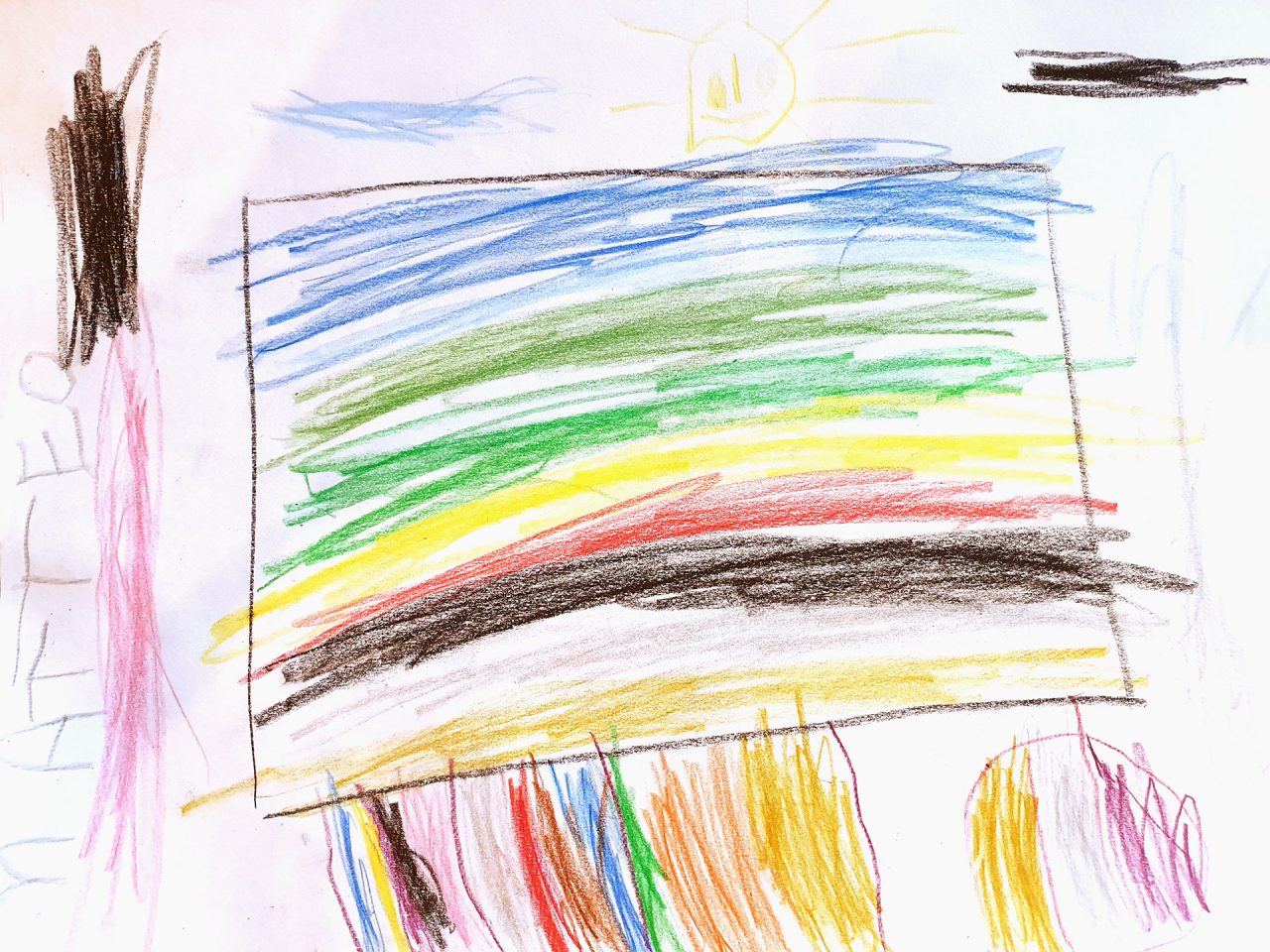 Dies ist eine sehr kreative Regenbogen-Geschichte von Matteo (5 Jahre). Besonders toll finde ich die vielen Farben die du benutzt hast. Ich liebe eine gut gelaunte Sonne. Dankeschön.