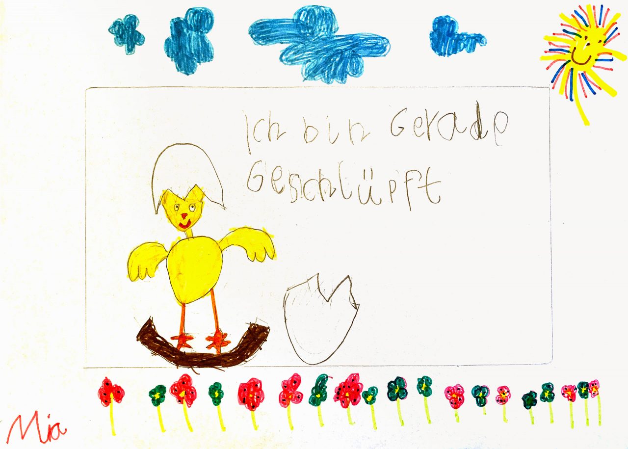 „Hallo, ich bin Mia, 6 Jahre alt und habe ein Küken gemalt, das gerade aus seinem Ei geschlüpft ist.“ Liebe Grüße Mia Hey Mia, wie Du vielleicht schon mitbekommen hast, finde ich freundliche Sonnen am Besten. Toll finde ich an Deinem Bild, Den Eierschalen-Hut von dem super süßen Küken. Dankeschön.