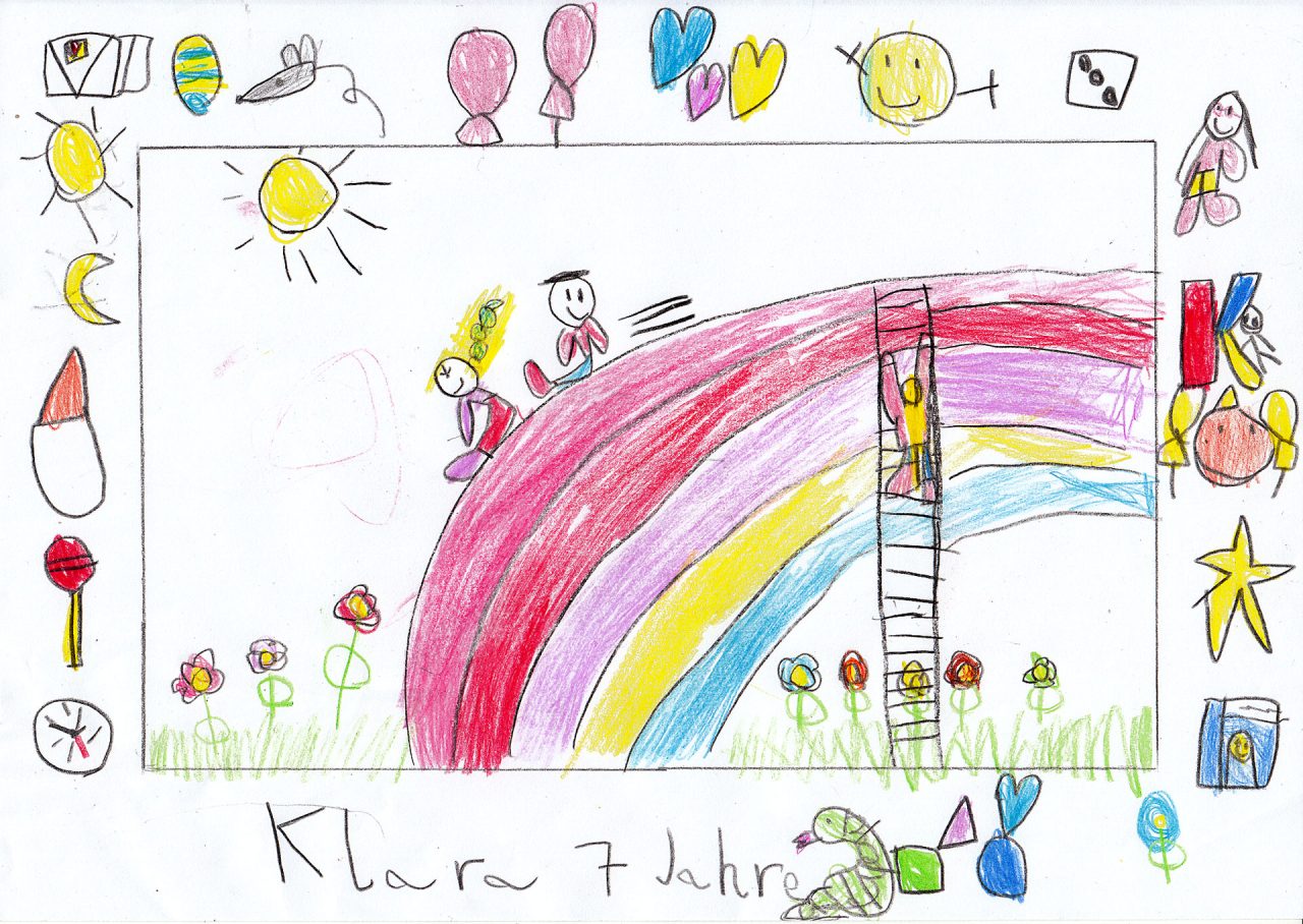 „Hallo Tim, auf dem Bild sind Kinder, die den Regenbogen runterrutschen. Liebe Grüße Klara (7 Jahre)“ Liebe Klara, den Regenbogen würde ich auch gerne runterrutschen! In deinem Bild ist ja richtig was los. :) Das sieht nach einer kunterbunten Kinderparty aus. Yippie, eine gute Laune Sonne ist auch dabei! Darüber freue ich mich sehr . Danke Dir und viele Grüße.